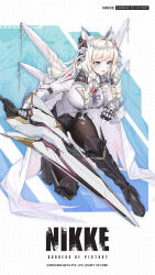 Rule 34 | 1girl, black footwear, blue eyes, boots, cape, closed mouth, commentary, crown (nikke), english commentary, gauntlets, goddess of victory: nikke, gun, highres, holding, holding gun, holding weapon, long hair, long sleeves, machine gun, official art, open mouth, pantyhose, shirt, sidelocks, smile, solo, squatting, weapon, white cape, white hair, white shirt
