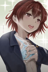 Rule 34 | 10s, 1girl, arm at side, blazer, blouse, cloritin, close-up, female masturbation, grabbing, grabbing another&#039;s breast, heart, heart-shaped pupils, highres, jacket, kantai collection, lipstick, looking away, makeup, masturbation, mutsuki (kancolle), open clothes, open jacket, open mouth, open shirt, red eyes, red hair, school uniform, shirt, short hair, skinny, solo, symbol-shaped pupils, tongue, tongue out