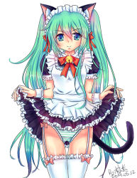 Rule 34 | 10s, 1girl, 2014, animal ears, bell, bow legwear, cat ears, cat tail, clothes lift, dated, frilled thighhighs, frills, garter straps, green eyes, green hair, green panties, hatsune miku, jingle bell, lace, lace-trimmed panties, lace trim, long hair, maid, maid headdress, matching hair/eyes, panties, r2xiaozhang, skirt, skirt lift, solo, striped clothes, striped panties, tail, thigh gap, thighhighs, twintails, underwear, upskirt, very long hair, vocaloid, white thighhighs