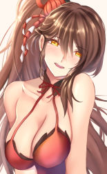 Rule 34 | 1girl, azur lane, bad id, bad pixiv id, bare shoulders, blush, breasts, brown hair, cleavage, collarbone, commentary request, hair between eyes, hair ornament, harapeko1129, large breasts, long hair, looking at viewer, open mouth, ponytail, solo, upper body, very long hair, yellow eyes, zuikaku (azur lane)