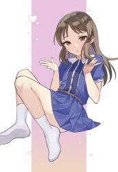 Rule 34 | 1girl, ankle socks, blue dress, blush, brown eyes, brown hair, commentary request, dddd akagi, dress, hands up, highres, idolmaster, idolmaster cinderella girls, idolmaster cinderella girls u149, knees up, long hair, looking at viewer, no shoes, parted lips, puffy short sleeves, puffy sleeves, short sleeves, socks, solo, tachibana arisu, white socks