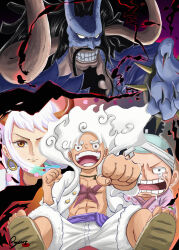 Rule 34 | 1girl, 3boys, absurdres, apple7apo, black hair, clenched hand, crying, earrings, facial hair, father and daughter, gear fifth, high ponytail, highres, horns, japanese clothes, jewelry, kaidou (one piece), kouzuki momonosuke, long hair, looking at viewer, monkey d. luffy, multicolored hair, multiple boys, mustache, one piece, oni, oni horns, short hair, smile, yamato (one piece)