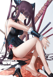 Rule 34 | 1girl, bare shoulders, black dress, black footwear, blue eyes, blunt bangs, blush, breasts, china dress, chinese clothes, cleavage, closed mouth, detached sleeves, dress, emyo, fate/grand order, fate (series), feet, floral print, flute, hair ornament, high heels, highres, instrument, large breasts, leaf hair ornament, legs, long hair, looking at viewer, pipa (instrument), purple hair, side slit, sidelocks, sitting, smile, soles, twintails, very long hair, yang guifei (fate), yang guifei (second ascension) (fate)