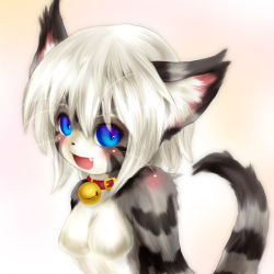 Rule 34 | 1girl, animal ears, bell, blue eyes, blush, breasts, cat, cat ears, cat tail, close-up, collar, fang, female focus, furry, furry female, gradient background, looking at viewer, neck bell, open mouth, shimane karin, smile, solo, tail, tashiro yuu, whiskers, white hair