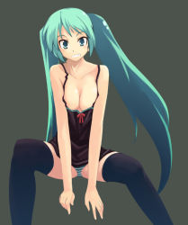 Rule 34 | 1girl, aqua eyes, aqua hair, breasts, breasts squeezed together, camisole, cleavage, collarbone, grin, hatsune miku, large breasts, long hair, otakeyan, panties, pantyshot, smile, solo, striped clothes, striped panties, thighhighs, twintails, underwear, upskirt, vocaloid