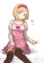 Rule 34 | 10s, 1girl, bad id, bad pixiv id, black thighhighs, blonde hair, breasts, brown eyes, collarbone, commentary request, djeeta (granblue fantasy), dress, fighter (granblue fantasy), granblue fantasy, hair intakes, hairband, hanarito, heart, long sleeves, pink dress, puffy long sleeves, puffy sleeves, short hair, simple background, sitting, small breasts, smile, solo, thighhighs, v, white background, zettai ryouiki