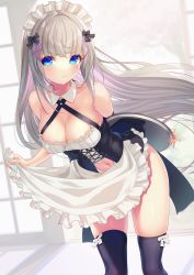 Rule 34 | 1girl, absurdres, alternate costume, apron, apron lift, bare shoulders, black bow, black thighhighs, blue eyes, blunt bangs, blush, bow, bow legwear, breasts, cleavage, clothes lift, collar, enmaided, frilled apron, frills, hair bow, highres, large breasts, long hair, looking at viewer, maid, maid apron, maid headdress, navel, original, over-kneehighs, silver hair, solo, thighhighs, thighs, white collar, yoko-ya manjirou