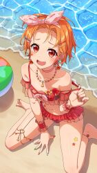 Rule 34 | 1girl, :d, absurdres, ball, bang dream!, barefoot, beach, beachball, bead necklace, beads, bikini, blush, breasts, collarbone, commentary request, earrings, fang, frilled bikini, frills, from above, green nails, hair ornament, hairclip, highres, jewelry, kitazawa hagumi, looking at viewer, looking up, multicolored nails, nail art, nail polish, navel, necklace, ocean, open mouth, orange hair, outdoors, partial commentary, red bikini, red eyes, red nails, sand, short hair, sitting, small breasts, smile, solo, star (symbol), stomach, swimsuit, thighs, toenail polish, toenails, wariza, water, yazawa happyaro