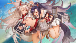 Rule 34 | 2girls, :d, animal ears, arched back, azur lane, bad id, bad pixiv id, belt, bikini, bikini top only, black bikini, black skirt, blue hair, blush, braid, breasts, brown footwear, brown hair, clenched hands, closed mouth, cloud, crop top, day, dutch angle, fang, high ponytail, large breasts, legs up, long hair, loose socks, machinery, midriff, multiple girls, navel, off shoulder, ogyue, open mouth, outdoors, pleated skirt, ponytail, red eyes, sailor collar, shigure (azur lane), skirt, sky, smile, socks, swimsuit, tail, thick eyebrows, v-shaped eyebrows, very long hair, water, white legwear, white skirt, wrist cuffs, yuudachi (azur lane)