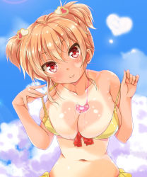 Rule 34 | 1girl, bare arms, bare shoulders, bikini, bikini tan, blue sky, blush, breasts, brown hair, bust cup, cafe-chan to break time, character request, closed mouth, cloud, collarbone, day, eyebrows, fingernails, flashing, hair ornament, heart, heart-shaped pupils, heart hair ornament, holding, large breasts, looking at viewer, navel, porurin (do-desho), red eyes, sharp fingernails, short hair, short twintails, sidelocks, skindentation, sky, smile, solo, stomach, strap gap, swimsuit, symbol-shaped pupils, tan, tanline, tea (cafe-chan to break time), twintails, upper body, yellow bikini