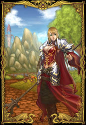 Rule 34 | 1girl, armor, belt, blonde hair, blood elf (warcraft), breasts, cleavage, dragon, elf, faulds, grass, green eyes, neoartcore, pauldrons, pointy ears, road, shoulder armor, solo, staff, tower, tree, warcraft