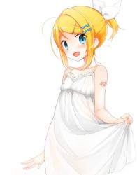 Rule 34 | 1girl, :d, arm tattoo, bare arms, bare shoulders, blue tattoo, blush, bow, collarbone, dress, flat chest, hair bow, hair ornament, hairclip, kagamine rin, looking at viewer, mizuhoshi taichi, number tattoo, open mouth, short hair, short ponytail, skirt hold, sleeveless, sleeveless dress, smile, solo, spaghetti strap, sundress, tattoo, vocaloid, white dress