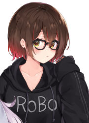 Rule 34 | 1girl, alternate costume, black-framed eyewear, black hoodie, blush, brown eyes, brown hair, closed mouth, clothes writing, glasses, gloves, gradient hair, highres, hololive, hood, hood down, hoodie, long sleeves, looking at viewer, multicolored eyes, multicolored hair, murasaki shion, out of frame, purple hair, racchi., red hair, roboco-san, short hair, simple background, sleeves past wrists, virtual youtuber, white background, yellow eyes