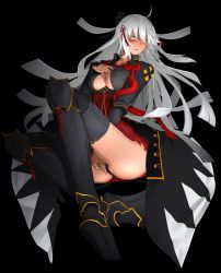 Rule 34 | 1girl, ass, black background, black panties, breasts, cleavage, cleavage cutout, clothing cutout, dark-skinned female, dark skin, fate/grand order, fate (series), female focus, full body, hand on own chest, i-pan, long hair, looking at viewer, majin saber, okita souji (fate), okita souji alter (fate), panties, platform footwear, shin guards, simple background, solo, thighhighs, underwear, very long hair, white hair, yellow eyes