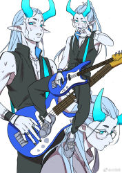 Rule 34 | 1boy, aqua eyes, aqua hair, aqua horns, black pants, black shirt, da maaa, earrings, glasses, grey footwear, guitar, holding, holding instrument, horns, instrument, jewelry, long hair, looking at viewer, luo xiaohei zhanji, male focus, multiple views, pants, parted lips, pointy ears, ring, shirt, simple background, sleeveless, sleeveless shirt, sweat, white background, xuhuai (the legend of luoxiaohei)