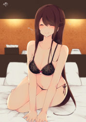Rule 34 | 1girl, arm support, bad id, bad pixiv id, bare arms, bare shoulders, bed sheet, black bra, blue panties, blurry, blurry background, blush, bow, bow bra, bra, breasts, brown hair, cleavage, closed eyes, closed mouth, collarbone, depth of field, facing viewer, flying sweatdrops, hair between eyes, highres, lace, lace bra, lace panties, leaning forward, long hair, medium breasts, mole, mole under eye, muuran, navel, on bed, original, panties, pillow, side-tie panties, signature, smile, solo, tissue box, underwear, underwear only, very long hair