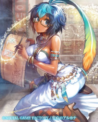 Rule 34 | 1girl, ahoge, armlet, bangle, blue eyes, blue hair, bracelet, breasts, character request, dark skin, dark-skinned female, glasses, glyph, holding, jewelry, lots of jewelry, matching hair/eyes, matsuda (matsukichi), necklace, paper, parted lips, seikon no arcana, semi-rimless eyewear, short hair, solo, watermark