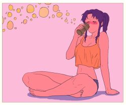 Rule 34 | 1girl, arm support, barefoot, beer can, blush, breasts, brown eyes, can, closed eyes, crossed legs, denim, denim shorts, drink can, drinking, high ponytail, holding, holding can, katsuragi misato, key35461, long hair, medium breasts, neon genesis evangelion, no bra, ponytail, purple hair, shiny skin, shirt, short shorts, shorts, simple background, solo, tank top, thick thighs, thighs, wide hips, yellow shirt