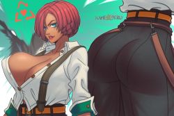 Rule 34 | 1girl, arc system works, ass, blue eyes, breasts, cleavage, dark skin, from behind, giovanna (guilty gear), guilty gear, guilty gear strive, hair o6, kameseru, large breasts, looking at viewer, multiple views, pants, red hair, shiny skin, short hair, smile, solo focus