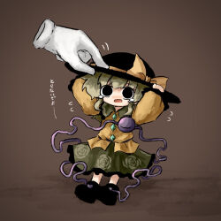 Rule 34 | 1girl, arms up, black eyes, black footwear, black hat, blouse, blush, boots, bow, brown background, buttons, diamond button, disembodied limb, eyeball, floral print, flying sweatdrops, frilled shirt collar, frilled skirt, frilled sleeves, frills, frown, full body, green hair, green skirt, hands on headwear, hat, hat bow, hat ribbon, heart, heart of string, heripantomorrow, komeiji koishi, long sleeves, medium hair, nose blush, ribbon, rose print, shirt, simple background, skirt, solo, tears, third eye, touhou, wavy hair, wavy mouth, wide sleeves, yellow bow, yellow ribbon, yellow shirt