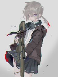 Rule 34 | 1girl, antenna hair, black skirt, bolt action, brown hair, brown jacket, cheytac m200, closed mouth, earmuffs, earmuffs around neck, enne kl, girls&#039; frontline, grey background, gun, highres, holding, holding gun, holding weapon, jacket, long sleeves, looking at viewer, m200 (girls&#039; frontline), polo shirt, ponytail, purple eyes, rifle, shirt, simple background, skirt, sniper rifle, solo, weapon, white shirt