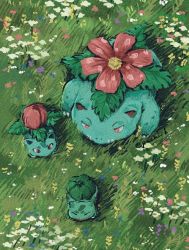 Rule 34 | bright pupils, bulbasaur, claws, commentary request, creatures (company), evolutionary line, closed eyes, flower, from above, game freak, gen 1 pokemon, grass, highres, ivysaur, nintendo, no humans, outdoors, pokemon, pokemon (creature), venusaur, wachiko, white flower, white pupils