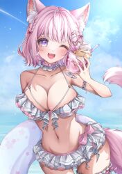 Rule 34 | 1girl, absurdres, animal ears, antenna hair, armlet, bare shoulders, bikini, bikini skirt, blue sky, bow, braid, breasts, choker, cleavage, cloud, cloudy sky, collarbone, commentary, cup, day, fang, floral print, flower choker, food, frilled bikini, frills, glint, gluteal fold, hair ornament, hair ribbon, hakui koyori, hakui koyori (summer), happy, haru hhmn, heart, highres, holding, holding cup, holding swim ring, hololive, ice cream, innertube, large breasts, looking at viewer, medium hair, navel, o-ring, o-ring bikini, o-ring top, one eye closed, open mouth, outdoors, pearl choker, pink bow, pink choker, pink hair, pink ribbon, pink tail, print innertube, purple eyes, ribbon, sky, smile, solo, standing, stomach, swim ring, swimsuit, tail, thigh strap, thighs, two-tone choker, virtual youtuber, white bikini, white choker, white innertube, wolf ears, wolf girl, wolf tail