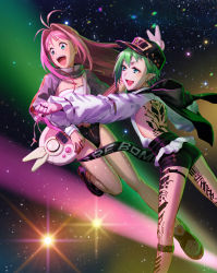 Rule 34 | 2girls, :d, antenna hair, asymmetrical hair, backless outfit, black headwear, black leotard, black shorts, earrings, floating hair, green hair, hat, highres, holding, holding instrument, instrument, jewelry, leg up, leotard, long hair, long sleeves, macross, macross 7, macross delta, mosako, multiple girls, mylene jenius, nail polish, open mouth, pink hair, pink nails, pointy ears, reina prowler, shirt, short hair, short shorts, shorts, smile, strapless, strapless leotard, tattoo, very long hair, white shirt