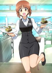 Rule 34 | 1girl, :d, black skirt, black vest, blue sky, brown eyes, brown hair, commentary, day, dress shirt, food tank, girls und panzer, highres, holding, holding plate, horizon, indoors, leg up, long sleeves, looking at viewer, miniskirt, name tag, nishizumi miho, ocean, office lady, omachi (slabco), ooarai (ibaraki), open mouth, pencil skirt, plate, shirt, short hair, skirt, sky, smile, solo, standing, vest, white shirt, wing collar