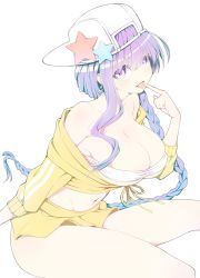Rule 34 | 1girl, backwards hat, bandeau, bare shoulders, bb (fate), bb (fate) (all), bb (swimsuit mooncancer) (fate), bb (swimsuit mooncancer) (first ascension) (fate), bikini, bikini top only, blush, braid, breasts, collarbone, commentary request, fate/grand order, fate (series), feet out of frame, finger to mouth, flat cap, front-tie top, groin, hair between eyes, hair ornament, hat, hood, hooded jacket, jacket, large breasts, leaning forward, long hair, long sleeves, looking at viewer, midriff, miniskirt, navel, nirap, off shoulder, purple eyes, purple hair, shiny skin, sidelocks, simple background, single braid, sitting, skirt, smile, solo, star (symbol), star hair ornament, stomach, strapless, strapless bikini, swimsuit, thighs, tongue, tongue out, very long hair, white background, white bikini, white hat, yellow jacket, yellow skirt