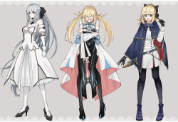 3girls ahoge artoria_caster_(fate) artoria_caster_(fate)_(cosplay) artoria_caster_(second_ascension)_(fate) artoria_caster_(second_ascension)_(fate)_(cosplay) artoria_pendragon_(all) artoria_pendragon_(fate) black_gloves blonde_hair blue_eyes blush bow braid breasts cloak commentary_request cosplay costume_switch detached_sleeves dress euhage73 fang fate/grand_order fate_(series) full_body gloves green_eyes grey_hair hair_bow high_heels highres long_hair morgan_le_fay_(fate) morgan_le_fay_(fate)_(cosplay) multiple_girls ponytail saber_lily saber_lily_(cosplay) sheath simple_background sword thighhighs twintails two-tone_cape very_long_hair weapon weapon_on_back white_dress white_gloves