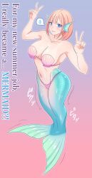 Rule 34 | 1girl, absurdres, bikini, blue background, blue eyes, breasts, cleavage, collarbone, commentary request, english text, fins, full body, gradient background, head fins, highres, kiria021, large breasts, mermaid, monster girl, monsterification, navel, orange hair, original, pink bikini, red background, scales, shell, shell bikini, short hair, solo, spoken sweatdrop, standing, sweatdrop, swimsuit, transformation