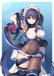 Rule 34 | 1girl, armpits, arms up, black thighhighs, blue background, blue eyes, blue hair, blush, border, breasts, cleavage, closed mouth, commentary, covered navel, cowboy shot, crossed bangs, frills, highres, large breasts, long hair, looking at viewer, maid headdress, original, outside border, single thighhigh, solo, symbol-only commentary, tentacles, thighhighs, thighs, twintails, ugwa, white border, white headwear