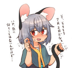 Rule 34 | 1girl, animal ear fluff, animal ears, blue capelet, blush, capelet, commentary request, crystal, grabbing own tail, greenpiecerice, grey hair, grey vest, hair between eyes, highres, jewelry, looking at viewer, medium bangs, mouse ears, mouse girl, mouse tail, nazrin, nose blush, open mouth, pendant, raised eyebrow, red eyes, shirt, short hair, simple background, smile, solo, tail, touhou, translation request, upper body, vest, white background, white shirt