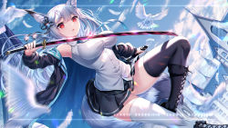 Rule 34 | 1girl, animal ears, armpits, asymmetrical legwear, bare shoulders, bird, black footwear, black jacket, black skirt, black thighhighs, boots, breasts, buttons, collared shirt, day, dress shirt, dutch angle, fox ears, fox girl, fox tail, holding, holding sword, holding weapon, indie virtual youtuber, jacket, katana, knee boots, large breasts, long hair, long sleeves, looking at viewer, miniskirt, mismatched legwear, off shoulder, open clothes, open jacket, outdoors, outstretched arms, parted lips, pleated skirt, red eyes, sannio, sheath, shirt, silver hair, skirt, sleeveless, sleeveless shirt, solo, sword, tail, thighhighs, virtual youtuber, weapon, white shirt, white thighhighs, zettai ryouiki
