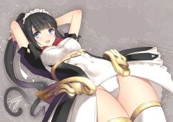 Rule 34 | 1girl, arms behind head, arms up, artist name, black hair, blue eyes, bow, breasts, buttons, cat tail, covered navel, frills, highres, leotard, long hair, looking at viewer, maid, maid headdress, medium breasts, open mouth, original, overskirt, ponytail, short sleeves, signature, simple background, smile, solo, tail, thighhighs, tony taka, white thighhighs, wrist cuffs