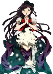 Rule 34 | 1boy, 1girl, :o, bandaged arm, bandages, belt, black belt, black bow, black hair, black pants, black scarf, bow, bowtie, bracelet, braid, cosplay, danganronpa (series), danganronpa 2: goodbye despair, dosugon, earrings, green jacket, green pants, jacket, jewelry, komaeda nagito, long hair, mole, mole under eye, open clothes, open jacket, own hands clasped, own hands together, pants, red bow, red bowtie, scarf, short sleeves, smile, sonia nevermind, sonia nevermind (cosplay), tanaka gundham, tanaka gundham (cosplay), teeth, tsumiki mikan, upper teeth only