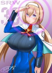 Rule 34 | 1girl, absurdres, arm behind back, blonde hair, blue eyes, blush, bodysuit, breasts, capelet, closed mouth, commentary request, covered navel, dress, earrings, hairband, highres, hypnosis, jewelry, large breasts, long sleeves, looking at viewer, low twintails, mind control, mitsuba greyvalley, pantyhose, shinkai toro, shiny clothes, short dress, simple background, smile, solo, super robot wars, super robot wars 30, turtleneck, twintails, uniform
