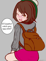 Rule 34 | 1girl, ;d, backpack, bag, blush, brown hair, creatures (company), english text, from behind, game freak, gloria (pokemon), green headwear, grey background, grey theme, hat, highres, hood, hooded sweater, looking at viewer, miniskirt, nintendo, one eye closed, open mouth, pokemon, pokemon swsh, red skirt, short hair, simple background, skirt, smile, sweater, tagme, tam o&#039; shanter, teeth, tongue, yellow eyes, zionworldartist
