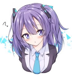 Rule 34 | 1girl, :o, ?, bad id, bad pixiv id, blue archive, blue necktie, cropped torso, hair ornament, highres, kurokaze, long hair, looking at viewer, necktie, open mouth, purple eyes, purple hair, simple background, solo, two side up, upper body, white background, yuuka (blue archive)