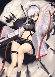 Rule 34 | 1girl, animal ears, arknights, arm up, arrow (projectile), bandeau, belt, black background, black shorts, blurry, breasts, cat ears, cat tail, cleavage, closed mouth, coat, crosbow, crossbow bolt, depth of field, eyeshadow, fingerless gloves, gloves, green pupils, grey hair, highres, hip focus, long hair, looking at viewer, makeup, multicolored hair, off shoulder, open clothes, open coat, panther, ponytail, quiver, scarf, schwarz (arknights), see-through, short shorts, shorts, single fingerless glove, solo, tactical clothes, tail, thigh strap, thighs, thomas 8000, tsurime, two-tone hair, yellow eyes