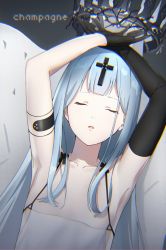 Rule 34 | 1girl, arms up, asymmetrical gloves, azur lane, blue hair, champagne (azur lane), character name, cross hair ornament, drum (acta2436), elbow gloves, closed eyes, flat chest, floating headgear, gloves, hair ornament, half gloves, headgear, highres, light blue hair, shirt overhang, single elbow glove, single half glove, solo, uneven gloves, upper body