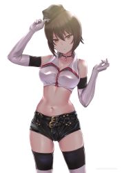 Rule 34 | 1girl, arm up, bare shoulders, belt, black shorts, black thighhighs, breasts, brown eyes, brown hair, choker, cleavage, cowboy shot, crop top, elbow gloves, girls und panzer, gloves, hair between eyes, hand on headwear, hand up, hat, highres, large breasts, looking at viewer, midriff, military hat, navel, nishizumi maho, race queen, shirt, short hair, short shorts, shorts, simple background, skindentation, sleeveless, sleeveless shirt, solo, standing, thighhighs, wa (genryusui), white background, white gloves, white shirt, wing collar