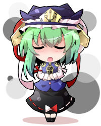 Rule 34 | 1girl, :o, armband, bow, buttons, chibi, dress shirt, closed eyes, female focus, green hair, hat, hat ribbon, highres, hiro (pqtks113), long sleeves, open mouth, own hands together, ribbon, rod of remorse, shiki eiki, shirt, short hair, skirt, solo, touhou, tsurime, vest, white background