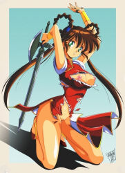Rule 34 | 1990s (style), 1girl, bracelet, breasts, brown hair, censored, china dress, chinese clothes, cleft of venus, danmakuman, dress, green eyes, highres, holding, holding sword, holding weapon, jewelry, large breasts, long hair, mamono hunter youko, mano youko, nipples, pelvic curtain, pussy, red dress, red footwear, retro artstyle, shoes, solo, sword, torn clothes, torn dress, twintails, weapon