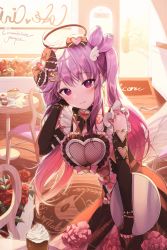 Rule 34 | 1girl, bow, bowtie, breasts, elbow gloves, fingerless gloves, flower, frills, gloves, hair bow, hair ornament, halo, heart, heart-shaped pupils, highres, large breasts, long hair, looking at viewer, maid, original, purple eyes, purple hair, restaurant, rose, solo, symbol-shaped pupils, tray, twintails, upturned eyes, yampa