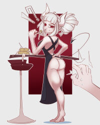 Rule 34 | !?, 1girl, 1other, absurdres, ahoge, apron, ass, asymmetrical feet, barefoot, black apron, blush, breasts, bush, chair, cream, demon girl, demon tail, eating, food, from behind, hand on own hip, helltaker, highres, hooves, horns, k-bell (fockalizando), large breasts, looking at viewer, lucifer (helltaker), mole, mole under eye, naked apron, outline, pancake, red background, red eyes, shiny skin, single hoove, standing, table, tail, white background, white outline