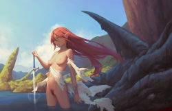 Rule 34 | 1girl, bigrbear, blue sky, cloud, day, dress, female pubic hair, highres, holding, holding sword, holding weapon, lake, long hair, looking away, nature, navel, original, outdoors, partially submerged, pubic hair, red hair, red pubic hair, sky, sword, torn clothes, torn dress, water, weapon, white dress