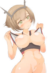 Rule 34 | 10s, 1girl, arykei, breasts, brown hair, censored, female pubic hair, frown, green eyes, highres, inverted nipples, kantai collection, large breasts, md5 mismatch, mutsu (kancolle), navel, nipples, pubic hair, puffy nipples, pussy, resolution mismatch, short hair, simple background, solo, source larger, white background