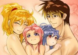 Rule 34 | 3girls, :o, aged down, alfimi, artist request, banpresto, blonde hair, blue hair, breasts, closed eyes, excellen browning, facial mark, family, kyousuke nanbu, large breasts, lemon browning, lowres, multicolored hair, multiple girls, nude, ponytail, smile, spoilers, streaked hair, super robot wars, super robot wars impact, super robot wars original generation
